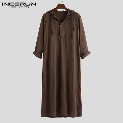 INCERUN 2023 Hommes Islamique Arabe Musulman Kaftan Thobe Manches Longues À Capuche Robes Arabie Saoudite Dubaï Jubba Thobe Hommes Musulman Vêtements 5XL