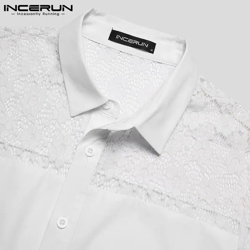 Men Shirt Lace Mesh Patchwork Lapel Short Sleeve Streetwear See Through Sexy Camisas Summer 2023 Party Men Clothing INCERUN