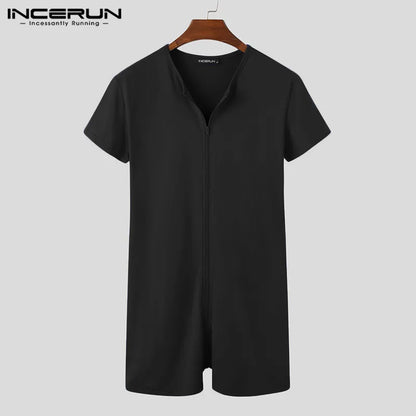 Pyjamas pour hommes Barboteuses Solide Col en V Fermeture éclair Fitness Manches courtes Confortable Homewear Combinaisons Loisirs Hommes Combinaison Vêtements de nuit INCERUN 7