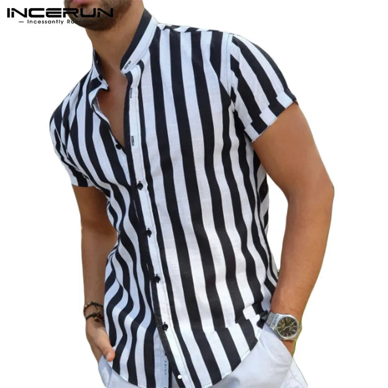 Chemise rayée à manches courtes pour homme, vêtement de marque, col montant, boutons, décontracté, à la mode, 2023, S-5XL