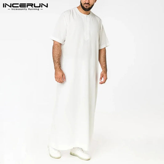 Herren Einfarbig Roben Saudi Stil Reißverschluss Jubba Thobe Mann Vintage Kurzarm O Hals Moslemische Arabische Islamische Kleidung 5XL INCERUN