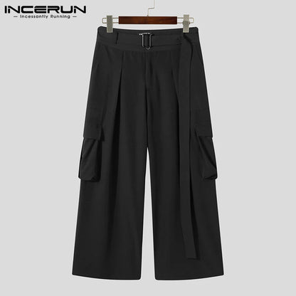 Stylish New Men's Party Shows Pantalons Wide-leg Trousers Male Belt Solid All-match Simple Trousers Overalls S-5XL INCERUN 2023