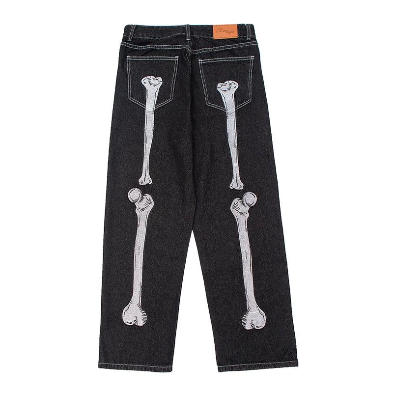 Retro Totenkopf Hand Knochen Stickerei Gewaschene Herren Jeans Hose Vibe Stil Gerade Casual Oversize Denin Hose Streetwear