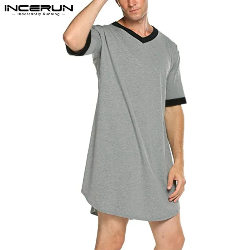 INCERUN Mens Nightgown Fashion Patchwork Sleep Robe Solid Color Sleepwear Man Short Sleeve Bathrobe Loose V Neck Nightwear S-5XL