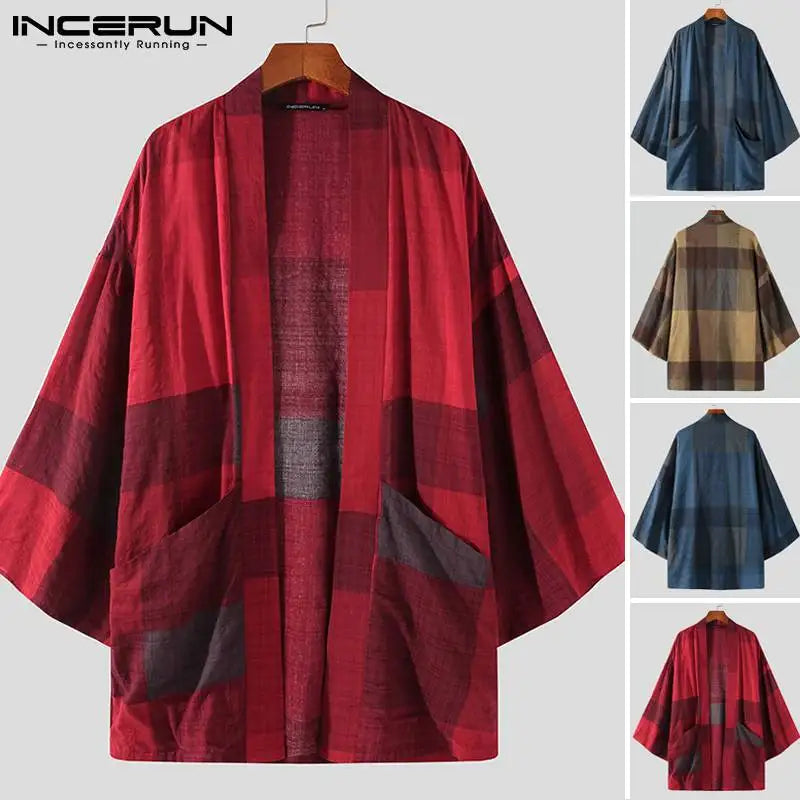 INCERUN Long Sleeve Open Stitch Blouse Men Vintage Plaid Cardigan Shirts Spring Man Leisure Pockets Kimono Tops Streetwear S-5XL