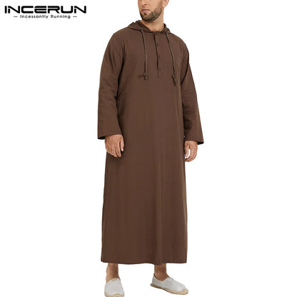 INCERUN 2023 Hommes Islamique Arabe Musulman Kaftan Thobe Manches Longues À Capuche Robes Arabie Saoudite Dubaï Jubba Thobe Hommes Musulman Vêtements 5XL