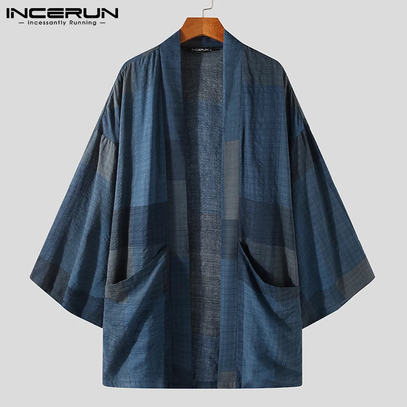 Mode Hommes Trench Coton Point Ouvert Manteaux Solide À Manches Longues Décontracté Japonais Kimono Streetwear Cardigan 2023 Vêtements D'extérieur INCERUN