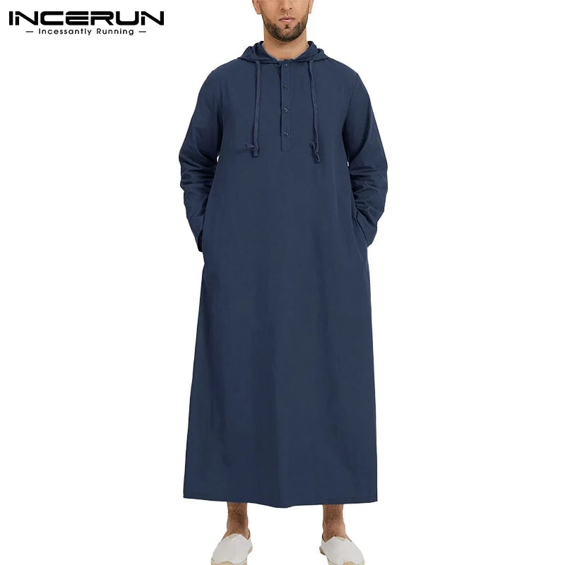 INCERUN 2023 Hommes Islamique Arabe Musulman Kaftan Thobe Manches Longues À Capuche Robes Arabie Saoudite Dubaï Jubba Thobe Hommes Musulman Vêtements 5XL