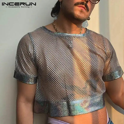 Men T Shirt See Through Mesh Patchwork Streetwear Sexy O-neck Short Sleeve Crop Tops Breathable Party Casual Men Clothing S-5XL