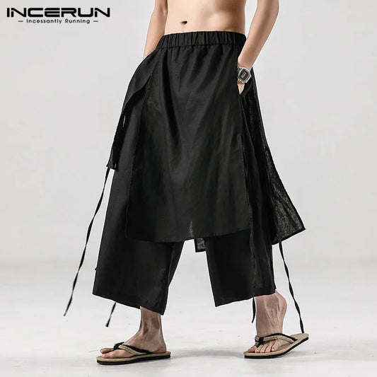 INCERUN Solid Color Men Casual Pants Joggers Elastic Waist Loose Irregular Skirt Trousers Men Streetwear Harajuku Wide Leg Pants