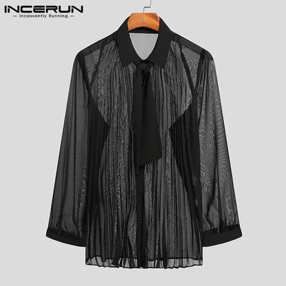 INCERUN Hommes Sexy Chemise Maille Transparente Revers Manches Longues Camisas Avec Cravate Streetwear 2023 Plissé Solide Fête Hommes Vêtements 5XL