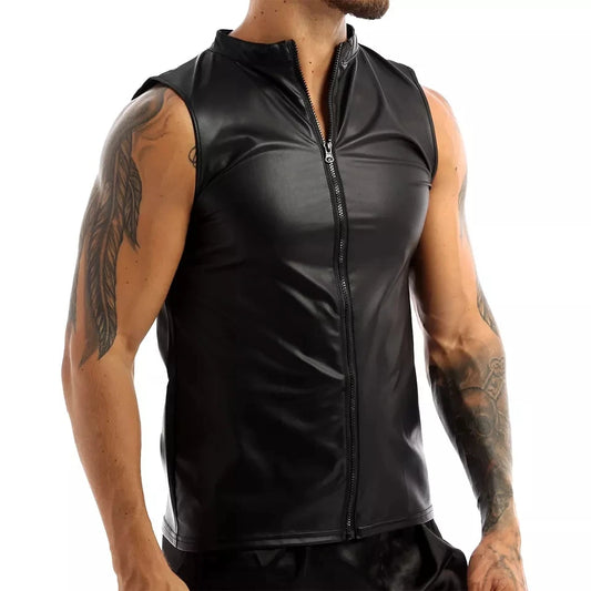 Plus Size Herren Sexy Ärmellose Hemden aus weichem Leder Erotische Shaping-Hülle Stretch Tank Tops Männlich Glänzendes Leder Bodycon Sexi