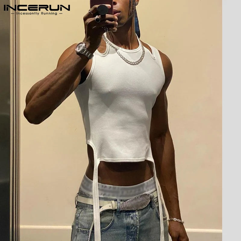 2023 Men Tank Tops Solid Color Sleeveless Hollow Out Casual Vests Streetwear Sexy Fashion Irregular Waistcoats Men 5XL INCERUN 7