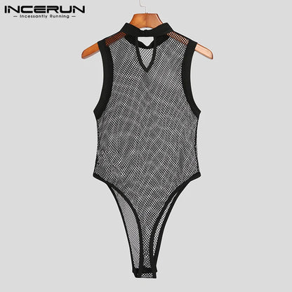 Men Bodysuit Underwear Mesh Patchwork Sleeveless Homewear See Through Thin Romper 2023 Breathable Sexy Men Bodysuits INCERUN