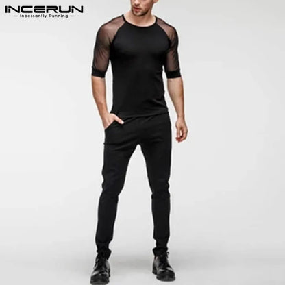 2023 Summer Mesh Patchwork Men T Shirt Short Sleeve Slim O Neck Party Sexy Breathable Nightclub T-shirts Casual Tee Tops INCERUN