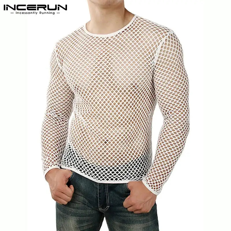 Mode Männer T Shirt Mesh O Neck Sehen Durch Streetwear Langarm T Tops 2023 Sexy Party Nachtclub Männer Kleidung S-5XL INCERUN