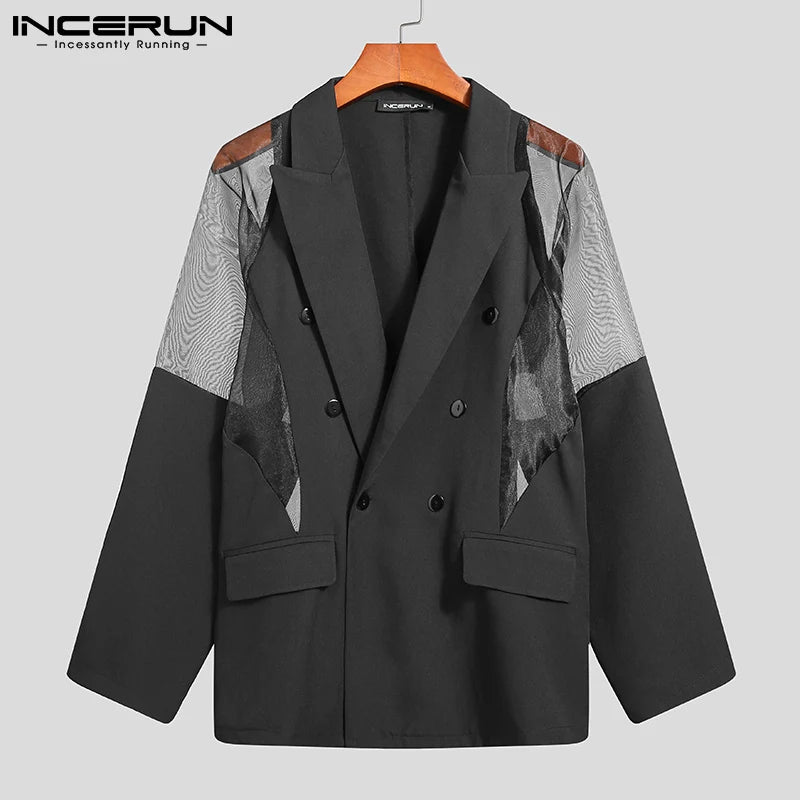 Männer Blazer Mesh Patchwork Durchsichtig Streetwear Zweireiher Revers Langarm Oberbekleidung Mode Männer Casual Anzüge INCERUN