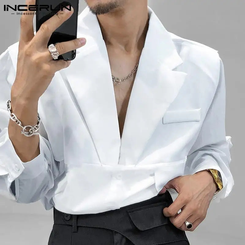 INCERUN 2023 Männer Casual Shirt Einfarbig Revers Taste Langarm Mode Tops Streetwear Lose Freizeit Camisa Masculina S-5XL