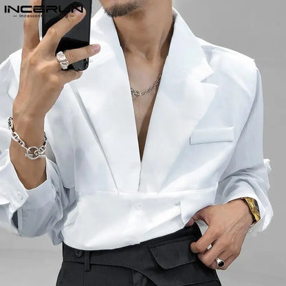 INCERUN 2023 Männer Casual Shirt Einfarbig Revers Taste Langarm Mode Tops Streetwear Lose Freizeit Camisa Masculina S-5XL