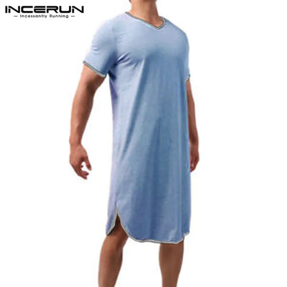 Été Manches Courtes Col V Homewear INCERUN Hommes Patchwork Sommeil Robes Hombre Lâche Confortable Peignoirs Décontracté Solide Chemise De Nuit S-5XL