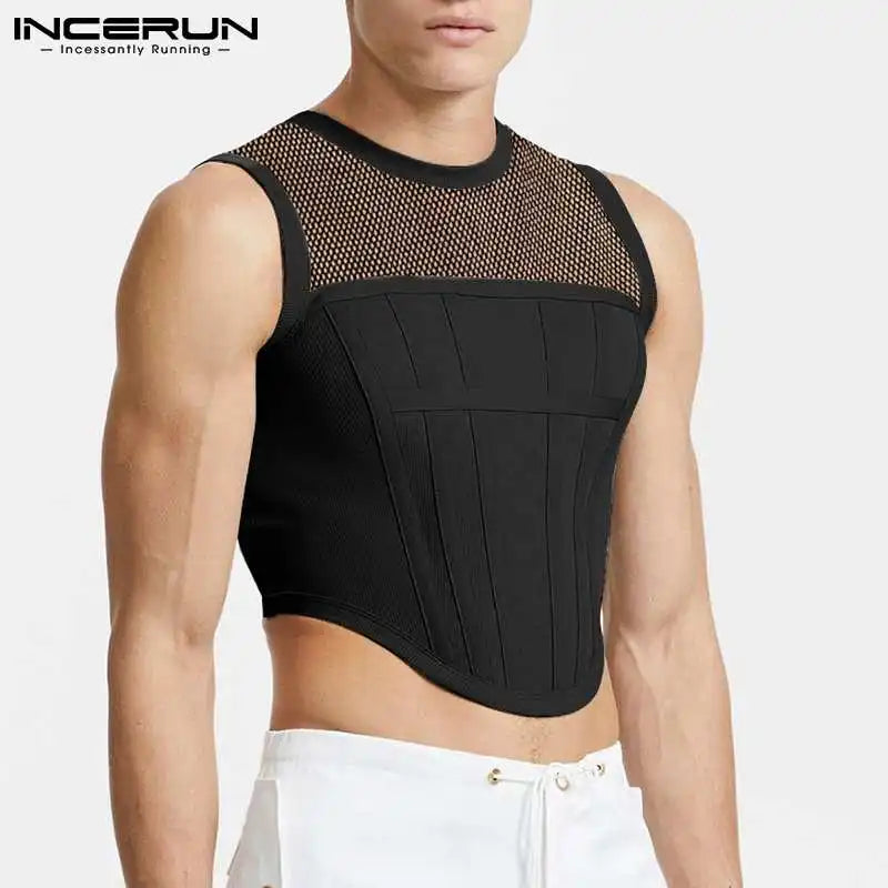 Débardeurs pour hommes en maille patchwork 2023 col rond sans manches transparents gilets sexy streetwear fête discothèque hommes hauts courts INCERUN