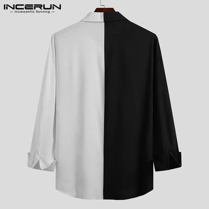 INCERUN Hommes Chemise Marque Patchwork Manches Longues Revers Bouton Camisa Masculina 2023 Streetwear Mode Coréenne Chemises Décontractées Hauts