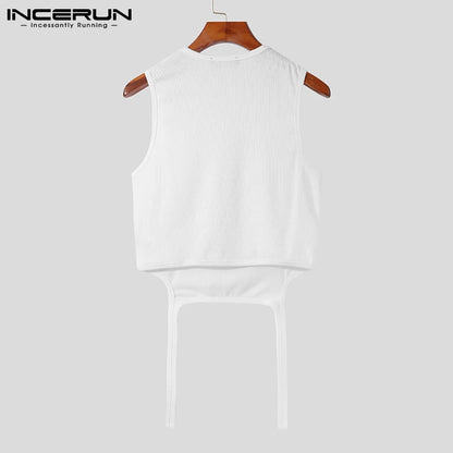 2023 Men Tank Tops Solid Color Sleeveless Hollow Out Casual Vests Streetwear Sexy Fashion Irregular Waistcoats Men 5XL INCERUN 7