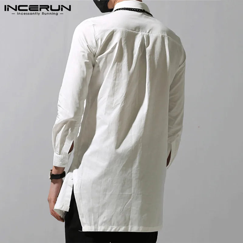 INCERUN 2023 Hommes Chemises Irrégulières Revers Bouton Manches Longues Chic Couleur Unie Camisa Mode Chemises Habillées Mince Long Hauts Grande Taille