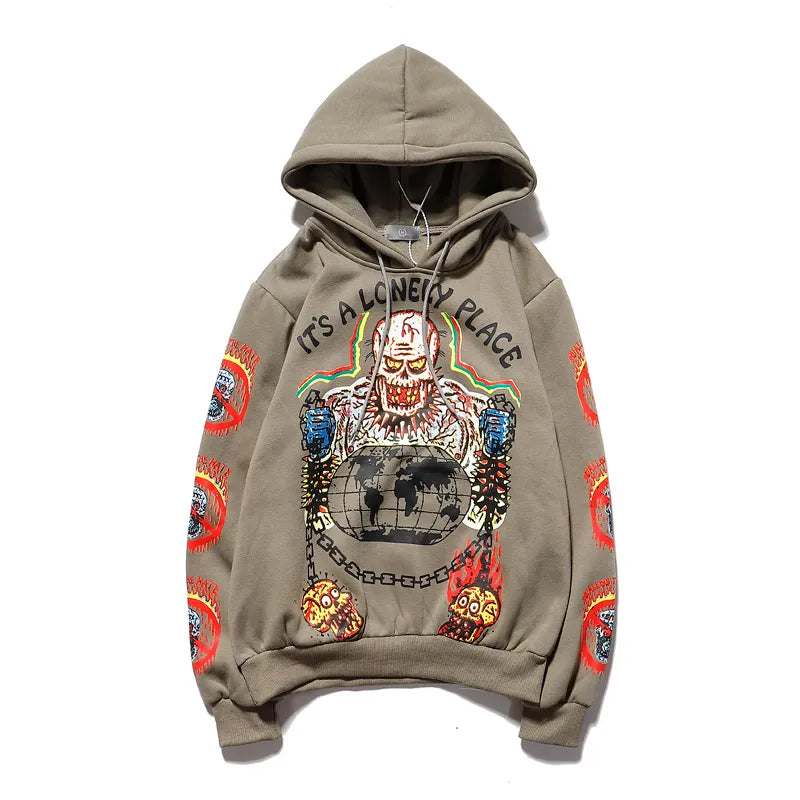 Kanye Fleece Skull Graffiti Mens Sweatshirt Oversize Harajuku Loose Casual Couple Hoodies Streetwear Pullover Hooded Hoodie