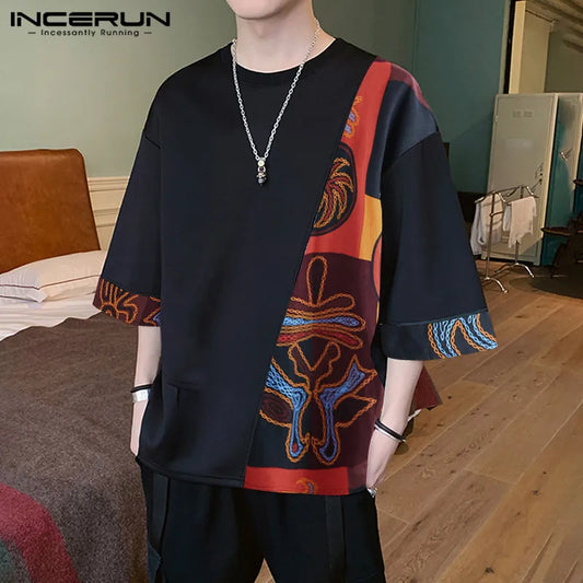 INCERUN Men Casual T Shirt Loose Printed Patchwork Round Neck Half Sleeve Vintage Tees 2023 Streetwear Mens T-shirts Plus Size