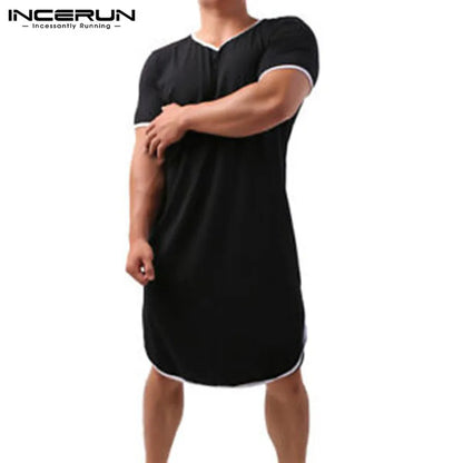 Summer Short Sleeve V Neck Homewear INCERUN Men Patchwork Sleep Robes Hombre Loose Comfy Bathrobes Casual Solid Nightgown S-5XL