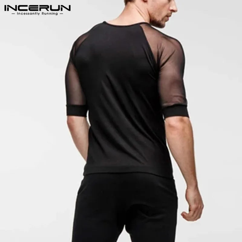 2023 Summer Mesh Patchwork Men T Shirt Short Sleeve Slim O Neck Party Sexy Breathable Nightclub T-shirts Casual Tee Tops INCERUN