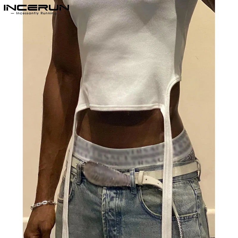 2023 Men Tank Tops Solid Color Sleeveless Hollow Out Casual Vests Streetwear Sexy Fashion Irregular Waistcoats Men 5XL INCERUN 7