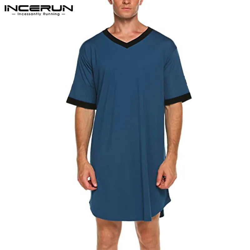 INCERUN Chemise de nuit pour homme Mode Patchwork Robe de nuit Couleur unie Vêtements de nuit Homme Manches courtes Peignoir Lâche Col en V Vêtements de nuit S-5XL