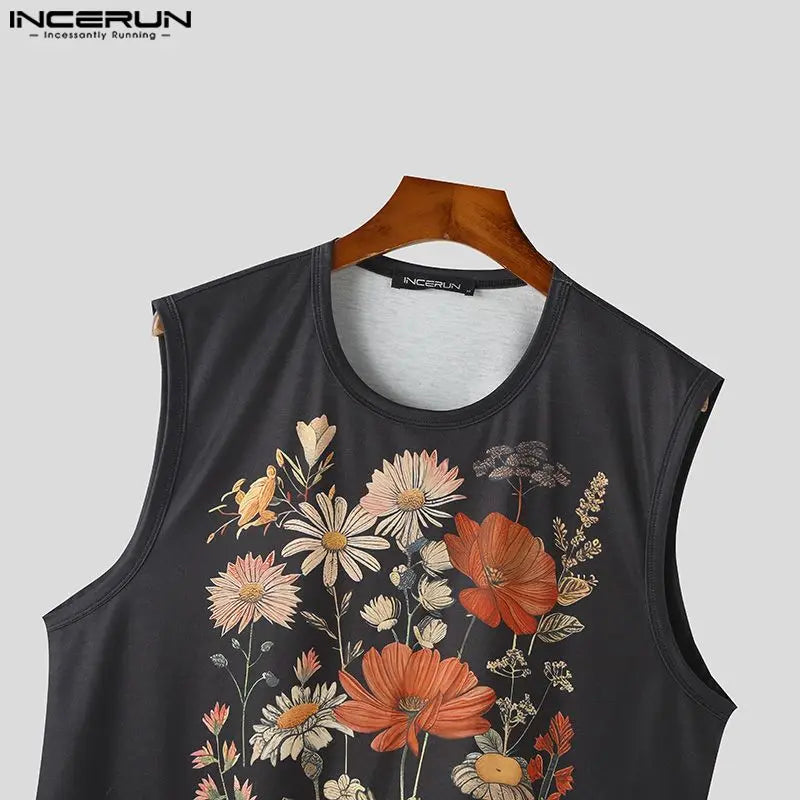 Fashion Casual Style Tops INCERUN New Men Floral Print O-neck Design Vests Male Streetwear Loose Sleeveless Tank Tops S-5XL 2024