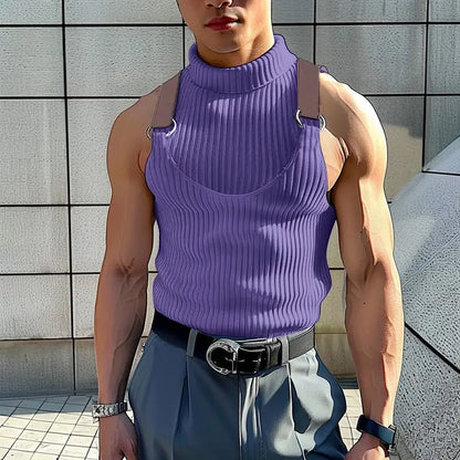 INCERUN Tops 2024 Korean Style Men's Knitted Fake Two-piece High Neck Vests Stylish Streetwear Solid Sleeveless Tank Tops S-5XL