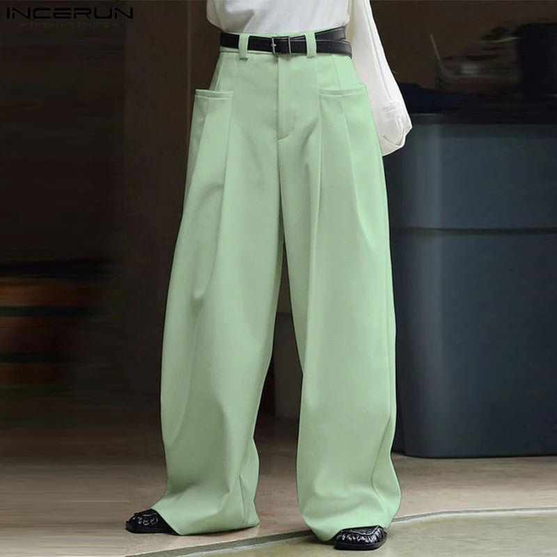 INCERUN 2024 Korean Style Trousers Mens Personality Pleated Pocket Long Pants Casual Hot Sale Solid Straight Leg Pantalons S-5XL