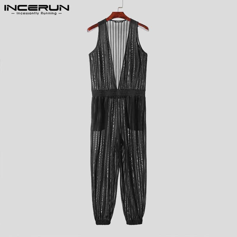 2024 Men Jumpsuits Mesh Transparent Striped Deep V Neck Sleeveless Streetwear Male Rompers Drawstring Fashion Overalls INCERUN