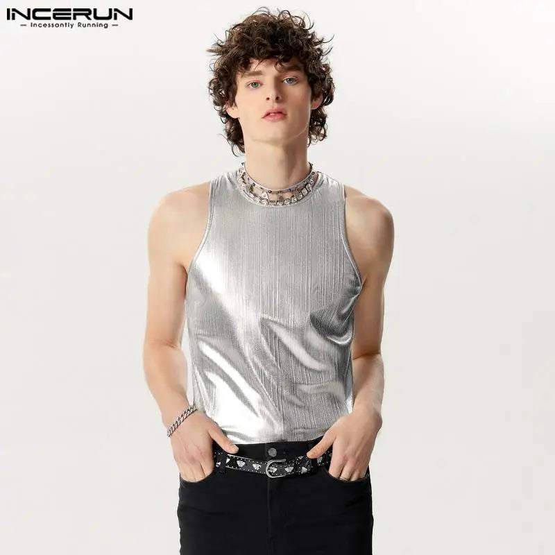 INCERUN Tops 2024 Amerikanischer Stil Herren Funkelnder Stoff Gestrickte Desian Westen Stilvolle Casual All-Match Ärmellose Tank Tops S-5XL