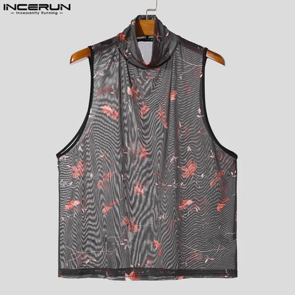 INCERUN Tops 2024 American Style New Men's Mesh Floral Perspective Design Vests Fashion Sexy Semi High Neck Thin Tank Tops S-5XL