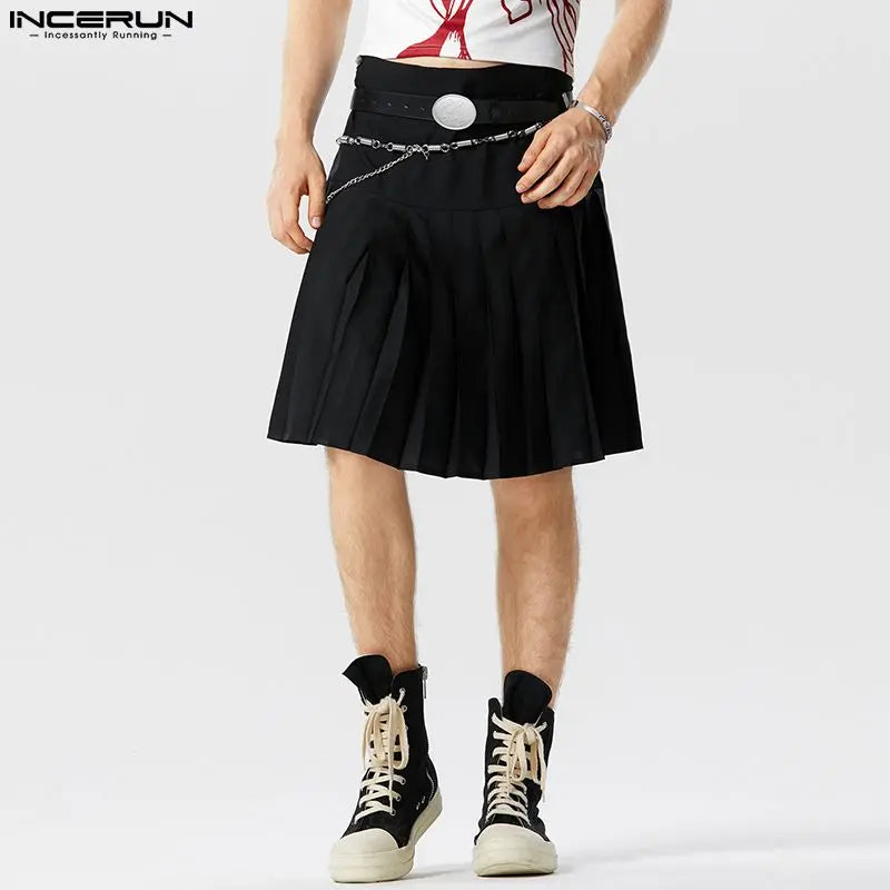 INCERUN 2023 American Style Men's Pleated Solid Half Skirts Shorts Casual Streetwear Hot Selling Male Loose Skirts Shorts S-5XL