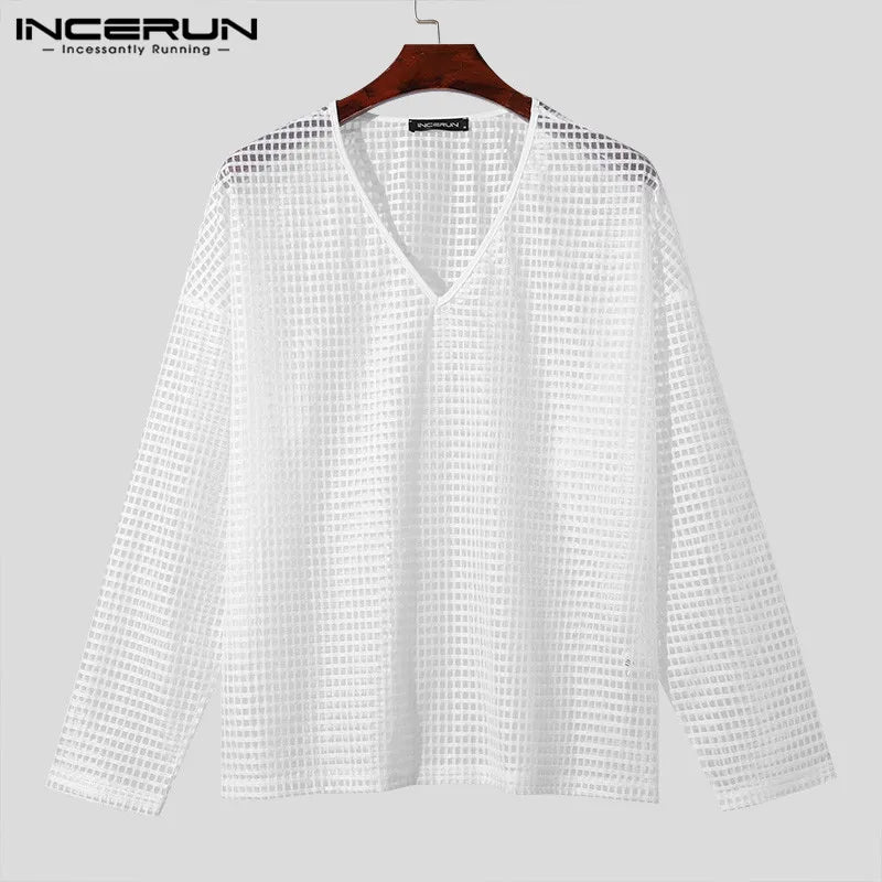 INCERUN Tops 2024 Korean Style Mens Solid Checkered Perspective T-shirts Fashionable V-neck Shoulder Long Sleeved Camiseta S-5XL