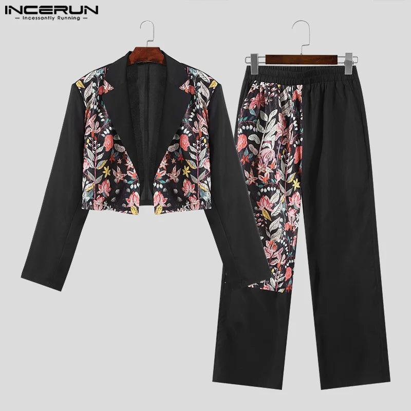 INCERUN 2024 Amerikanischen Stil Herrenmode Sets Kurze Langarm Anzug Mäntel Lange Hosen Sexy Patchwork Spitze Zwei-stück Sets S-5XL