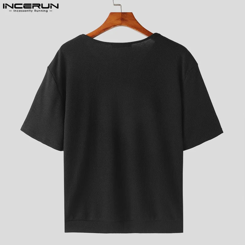 INCERUN Tops 2024 Korean Style Fashion New Men V-neck Texture T-shirts Casual Streetwear Male Solid Short Sleeved Camiseta S-5XL