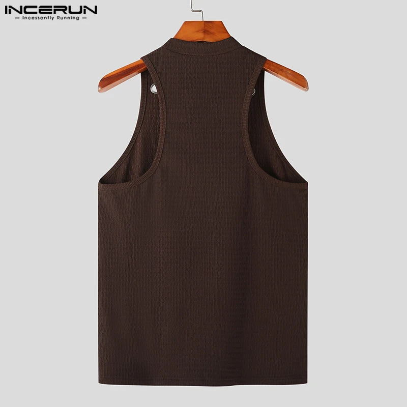 INCERUN Mode Männer Tank Tops Aushöhlen Solide Rollkragen Ärmelloses Männlichen Westen Streetwear Sommer 2023 Casual Männer Kleidung S-5XL