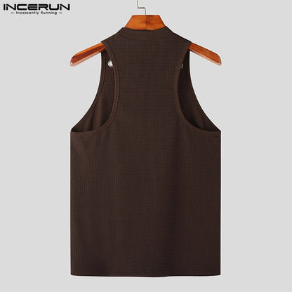 INCERUN Fashion Men Tank Tops Hollow Out Solid Turtleneck Sleeveless Male Vests Streetwear Summer 2023 Casual Men Clothing S-5XL