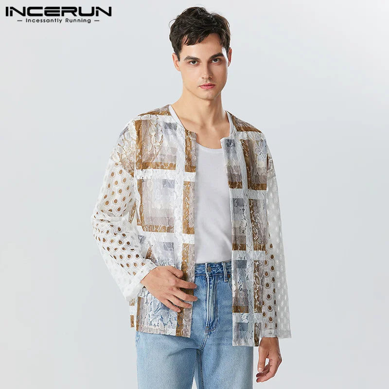 Lässige Mode-Stil Tops INCERUN Herren Tracery Patchwork Durchsichtige Mesh-Shirts Männliche Langarm Kragenlose Bluse S-5XL 2023