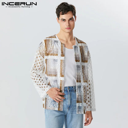 Casual Fashion Style Tops INCERUN Men's Tracery Patchwork See-through Mesh Shirts Male Long Sleeved Collarless Blouse S-5XL 2023