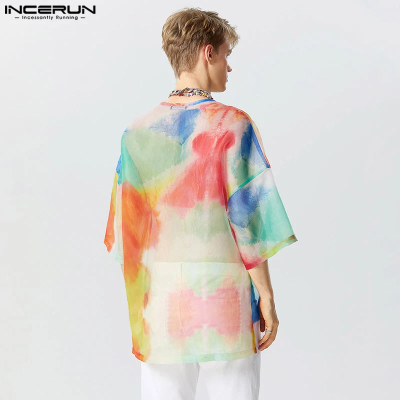 INCERUN Tops 2023 American Style New Men Colorful Tie Dyed See-through Mesh T-shirts Casual Party 3/4 Sleeve Thin Camiseta S-5XL