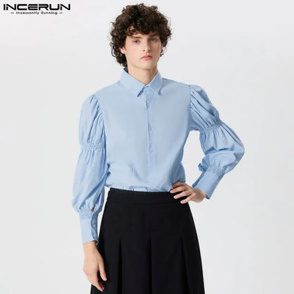 INCERUN Tops 2024 American Style New Men Solid Puff Sleeve Shape Blouse Fashion Party Shows Male Loose Long-sleeved Shirts S-5XL